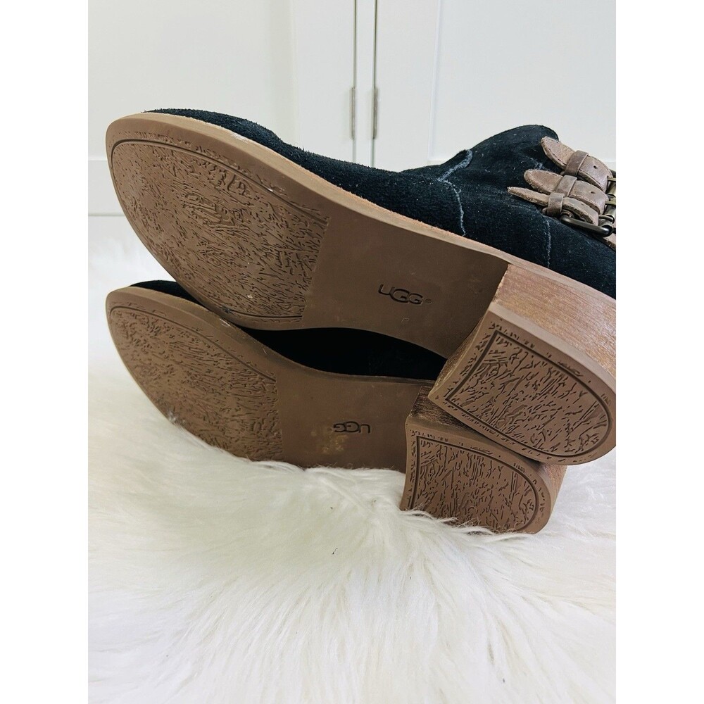 UGG Australia Volta Black Suede Leather Triple Buckle Moto Ankle Boots Womens 10 - Picture 4 of 7